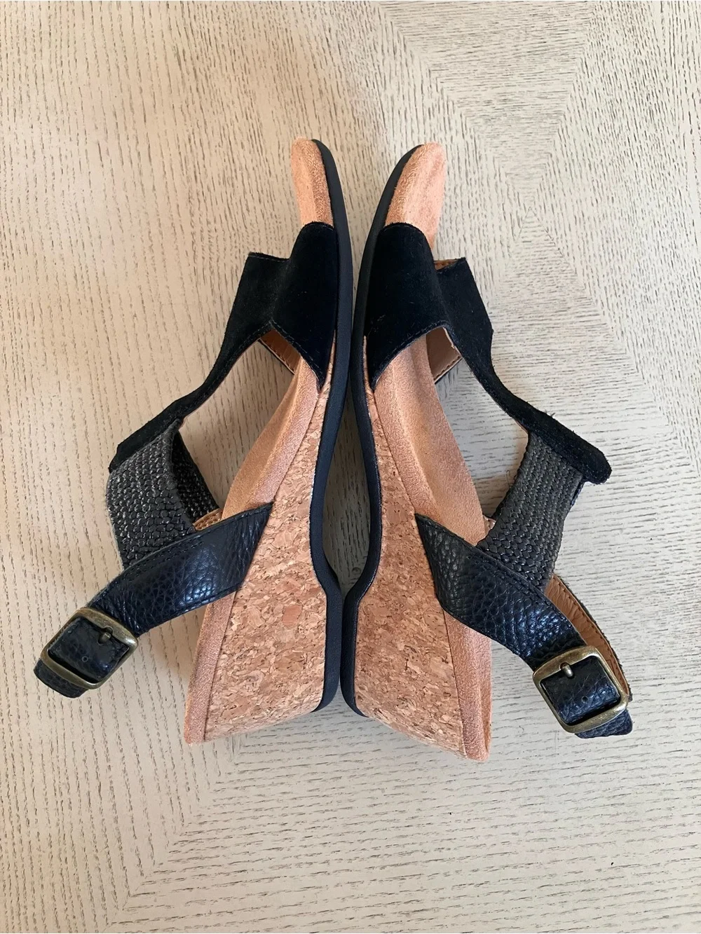 Vionic Kaytie Black Suede Cork Wedge Slingback Sandal